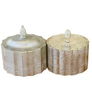 Vintage Silver Plated Etched Lidded Boxes Pair Ornate Scalloped Jewelry Storage